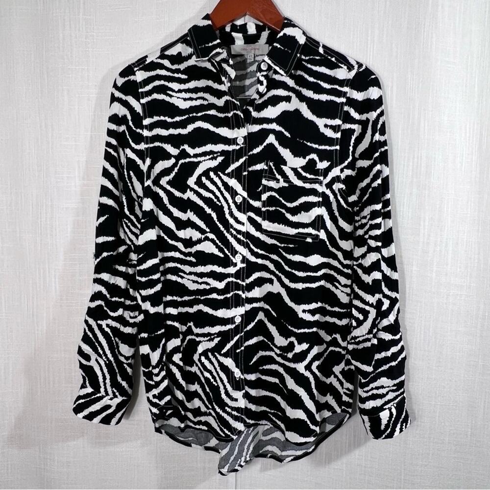 Casa Cabana Animal Print Roll Sleeve Button Front‎ Blouse Top Shirt Sz XS